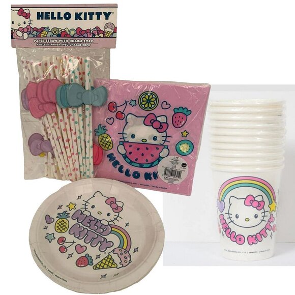 Hello Kitty Party Paper Supplies Service For 10 Cups Plates Straws NIP - Picture 1 of 7